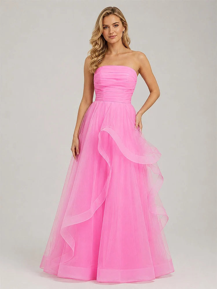 Pink Tulle A-Line Straight-Across Lace-Up Back Floor-Length Dress