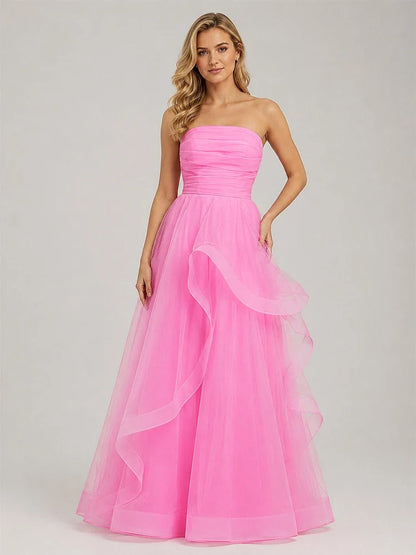 Pink Tulle A-Line Straight-Across Lace-Up Back Floor-Length Dress
