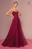 Burgundy A-Line Spaghetti Straps Sweetheart Low Back Glitter Tulle Prom Dress