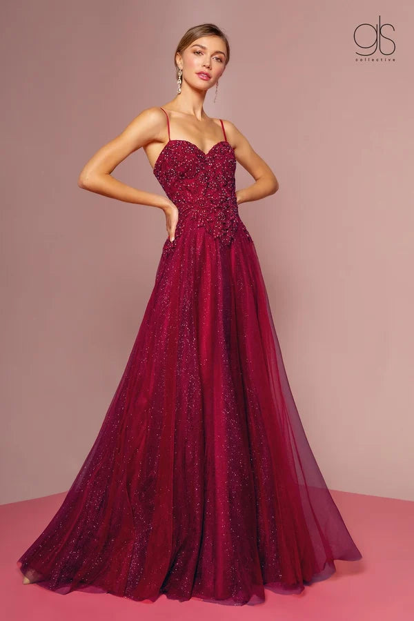 Burgundy A-Line Spaghetti Straps Sweetheart Low Back Glitter Tulle Prom Dress
