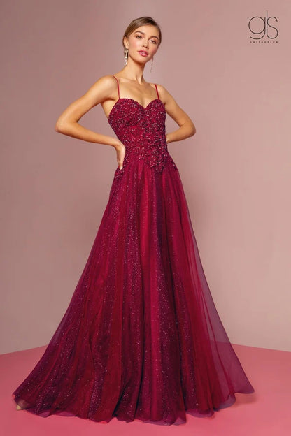 Burgundy A-Line Spaghetti Straps Sweetheart Low Back Glitter Tulle Prom Dress