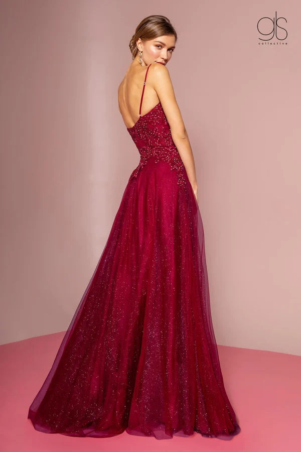 Burgundy A-Line Spaghetti Straps Sweetheart Low Back Glitter Tulle Prom Dress