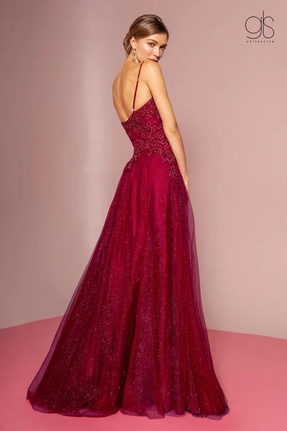 Burgundy A-Line Spaghetti Straps Sweetheart Low Back Glitter Tulle Prom Dress
