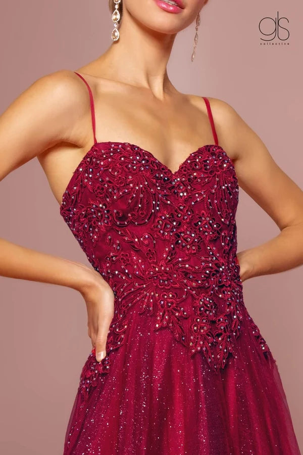 Burgundy A-Line Spaghetti Straps Sweetheart Low Back Glitter Tulle Prom Dress