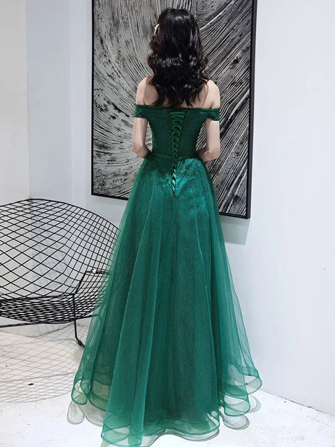 Emerald Green Glitter Tulle A-Line Off-the-Shoulder Lace-up Floor-Length Dress Back View - Aabei Dress