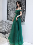 Emerald Green Glitter Tulle A-Line Off-the-Shoulder Lace-up Floor-Length Dress Front View - Aabei Dress