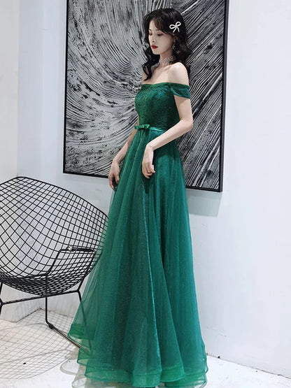 Emerald Green Glitter Tulle A-Line Off-the-Shoulder Lace-up Floor-Length Dress Front View - Aabei Dress