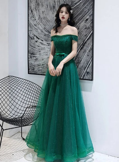 Emerald Green Glitter Tulle A-Line Off-the-Shoulder Lace-up Floor-Length Dress - Aabei Dress