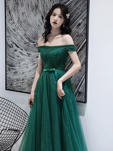 Emerald Green Glitter Tulle A-Line Off-the-Shoulder Lace-up Floor-Length Dress - Aabei Dress