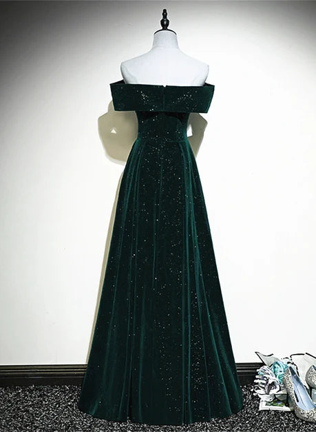 Emerald Green Glitter Velvet A-Line Off-the-Shoulder Floor-Length Dress Back View - Aabei Dress