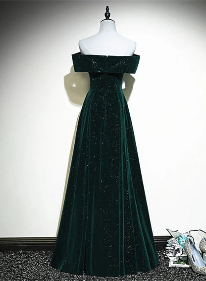 Emerald Green Glitter Velvet A-Line Off-the-Shoulder Floor-Length Dress Back View - Aabei Dress
