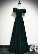 Emerald Green Glitter Velvet A-Line Off-the-Shoulder Floor-Length Dress Front View - Aabei Dress