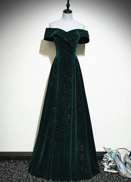 Emerald Green Glitter Velvet A-Line Off-the-Shoulder Floor-Length Dress Front View - Aabei Dress