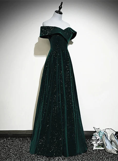 Emerald Green Glitter Velvet A-Line Off-the-Shoulder Floor-Length Dress - Aabei Dress
