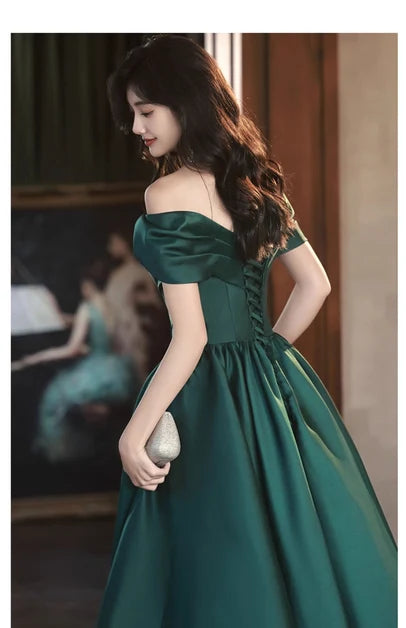 Emerald Green Satin A-Line Off-the-Shoulder Lace-up Floor-Length Dress Back View - Aabei Dress