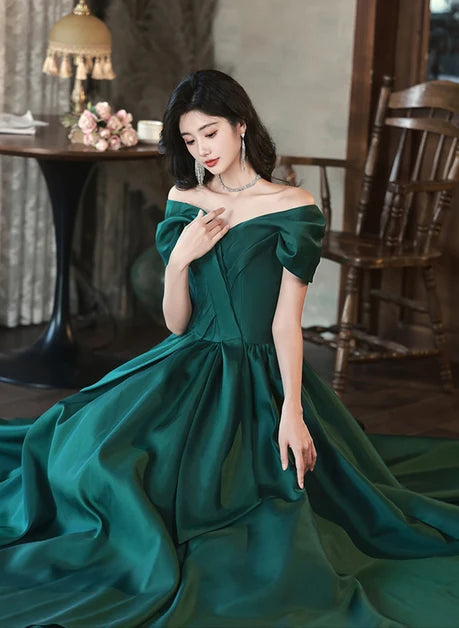 Emerald Green Satin A-Line Off-the-Shoulder Lace-up Floor-Length Dress - Aabei Dress