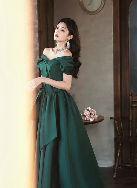 Emerald Green Satin A-Line Off-the-Shoulder Lace-up Floor-Length Dress - Aabei Dress