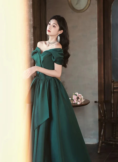 Emerald Green Satin A-Line Off-the-Shoulder Lace-up Floor-Length Dress - Aabei Dress