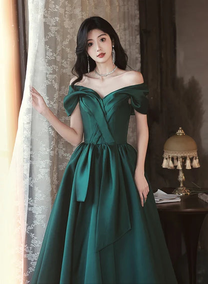 Emerald Green Satin A-Line Off-the-Shoulder Lace-up Floor-Length Dress - Aabei Dress