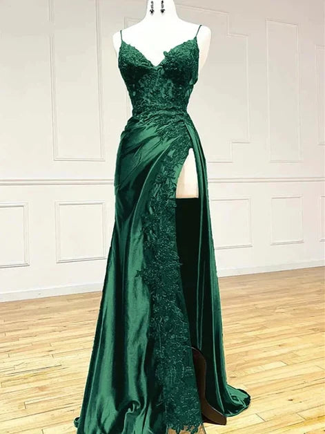 Emerald Green Satin A-Line Sweetheart Low-Back Floor-Length Dress Front View - Aabei Dress