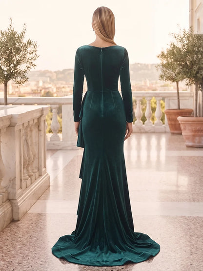 Emerald Green Velvet mermaid v-neck zipper-back floor-length Dress Back View - Aabei Dress