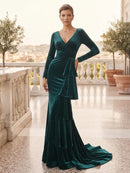 Emerald Green Velvet mermaid v-neck zipper-back floor-length Dress Front View - Aabei Dress