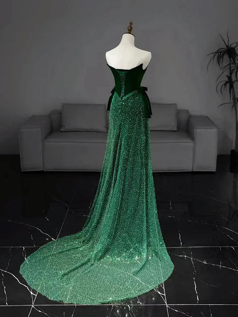Emerald Green Velvet & Sequin sheath-column straight-across floor-length Dress Back View - Aabei Dress