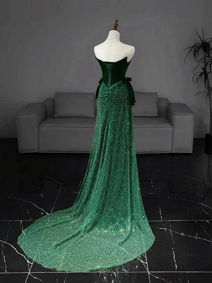Emerald Green Velvet & Sequin sheath-column straight-across floor-length Dress Back View - Aabei Dress