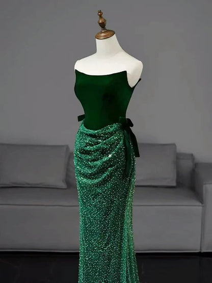 Emerald Green Velvet & Sequin sheath-column straight-across floor-length Dress Front View - Aabei Dress