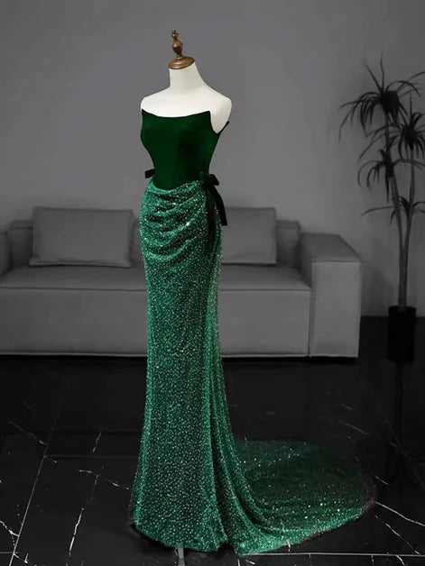 Emerald Green Velvet & Sequin sheath-column straight-across floor-length Dress - Aabei Dress