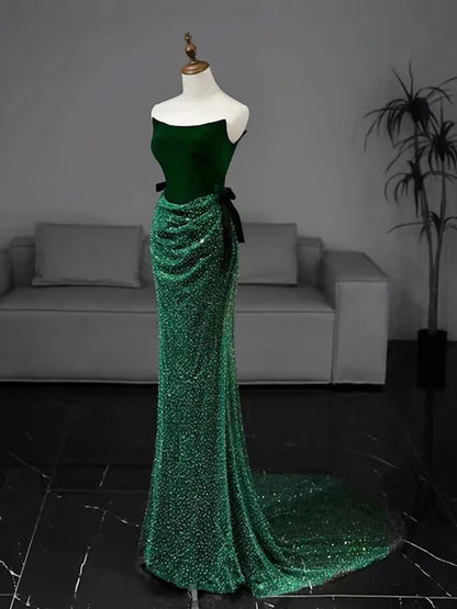 Emerald Green Velvet & Sequin sheath-column straight-across floor-length Dress - Aabei Dress