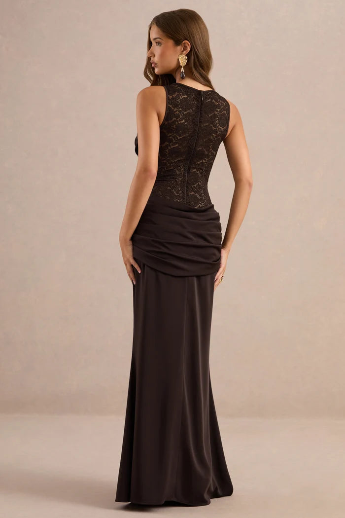 Espresso Brown Crepe and Lace Sheath High Neck Floor-Length Dress Back View - Aabei Dress