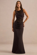 Espresso Brown Crepe and Lace Sheath High Neck Floor-Length Dress Front View - Aabei Dress
