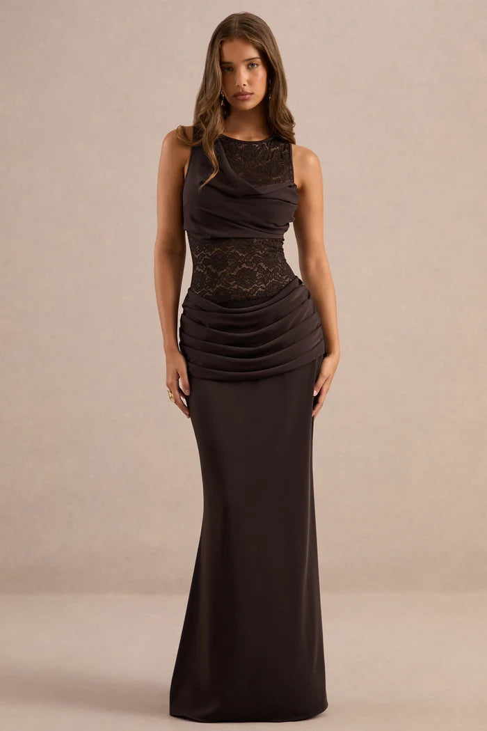 Espresso Brown Crepe and Lace Sheath High Neck Floor-Length Dress - Aabei Dress
