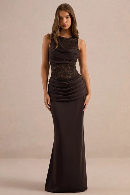Espresso Brown Crepe and Lace Sheath High Neck Floor-Length Dress - Aabei Dress