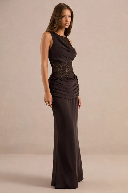 Espresso Brown Crepe and Lace Sheath High Neck Floor-Length Dress - Aabei Dress