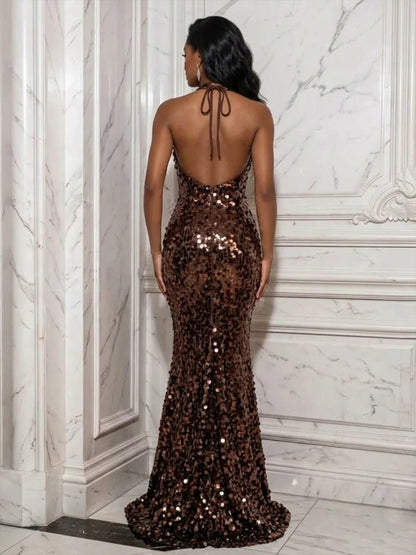 Espresso Brown Sequin Mermaid Halter Open Back with Tie-Back Floor-Length Dress Back View - Aabei Dress