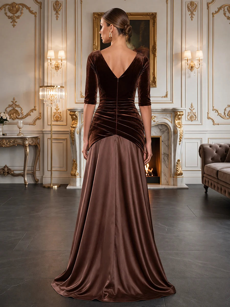 Espresso Brown Velvet and Satin A-Line V-Neck Floor-Length Dress Back View - Aabei Dress