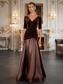 Espresso Brown Velvet and Satin A-Line V-Neck Floor-Length Dress Front View - Aabei Dress