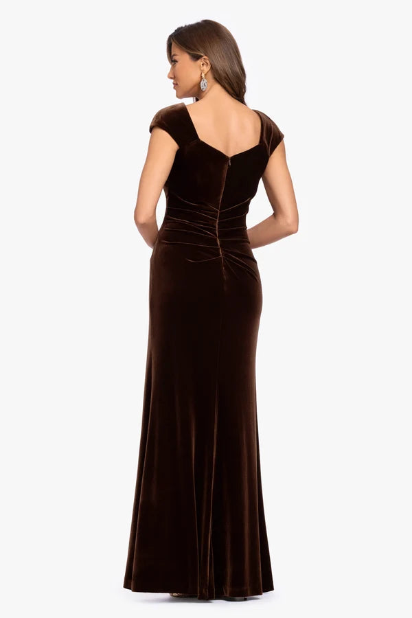 Espresso Brown Velvet sheath-column off-the-shoulder floor-length Dress Back View - Aabei Dress