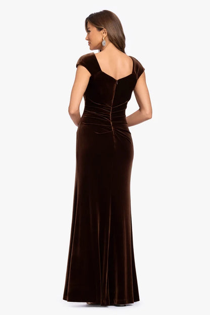 Espresso Brown Velvet sheath-column off-the-shoulder floor-length Dress Back View - Aabei Dress