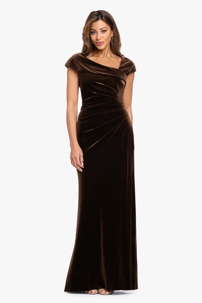 Espresso Brown Velvet sheath-column off-the-shoulder floor-length Dress Front View - Aabei Dress