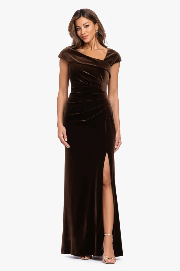 Espresso Brown Velvet sheath-column off-the-shoulder floor-length Dress - Aabei Dress