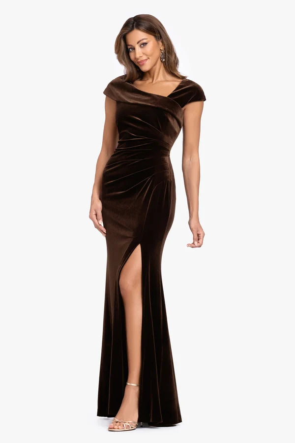 Espresso Brown Velvet sheath-column off-the-shoulder floor-length Dress - Aabei Dress