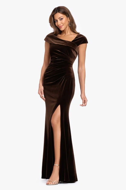 Espresso Brown Velvet sheath-column off-the-shoulder floor-length Dress - Aabei Dress