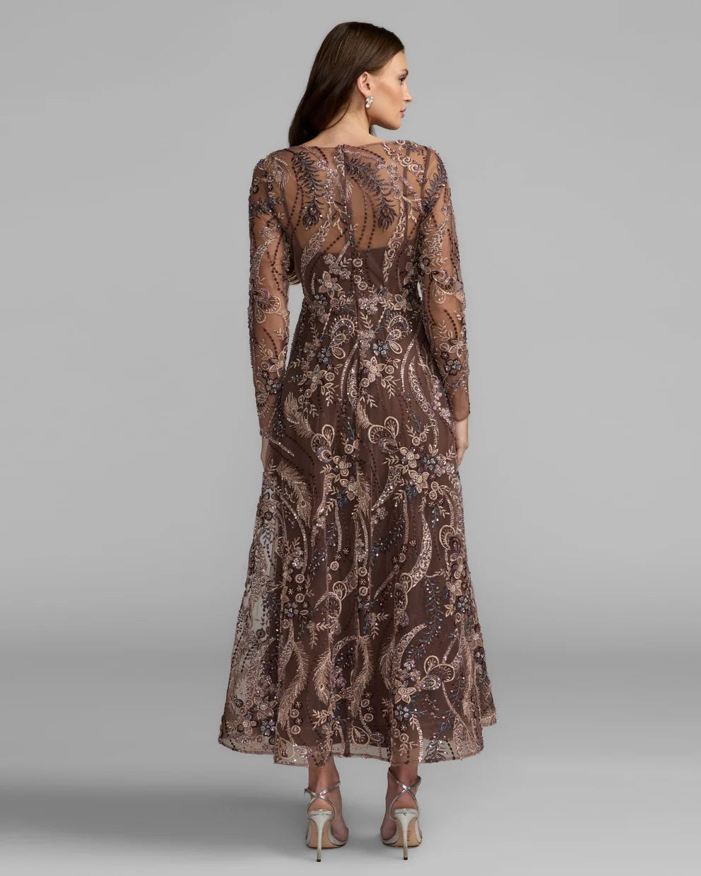 Espresso Mesh a-line v-neck zipper-back ankle-length Dress Back View - Aabei Dress