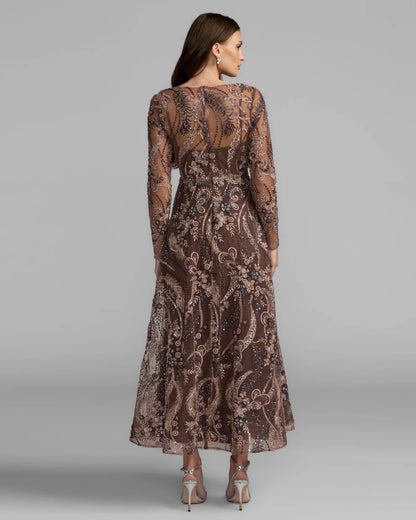 Espresso Mesh a-line v-neck zipper-back ankle-length Dress Back View - Aabei Dress