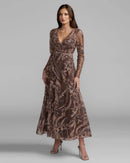 Espresso Mesh a-line v-neck zipper-back ankle-length Dress Front View - Aabei Dress
