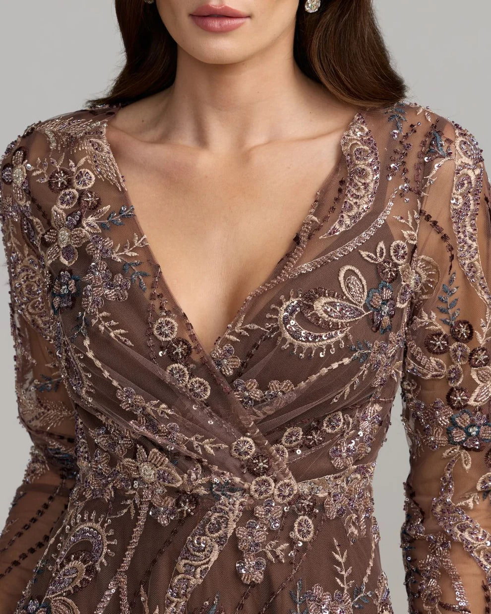 Espresso Mesh a-line v-neck zipper-back ankle-length Dress - Aabei Dress