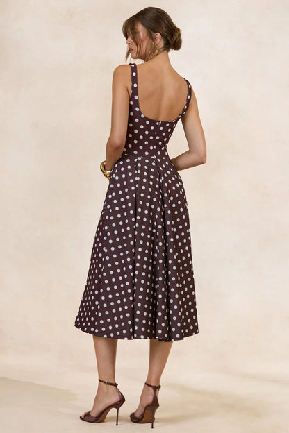 Espresso Polka Dot Crepe A-Line Square Neck Scoop Back Midi Dress Back View - Aabei Dress